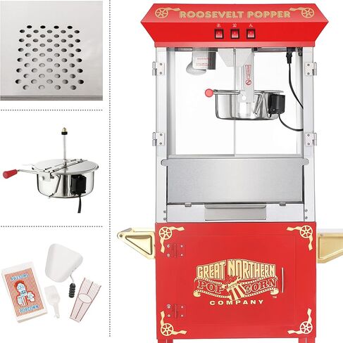 آلة صنع الفشار مع عربة - بوبر سعة 8 أونصة مع غلاية من الفولاذ المقاوم للصدأ، وسطح تسخين مُدفأ، ودرج للخادمات القدامى من شركة Great Northern Popcorn (أحمر) in Kuwait