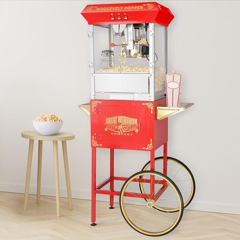 آلة صنع الفشار مع عربة - بوبر سعة 8 أونصة مع غلاية من الفولاذ المقاوم للصدأ، وسطح تسخين مُدفأ، ودرج للخادمات القدامى من شركة Great Northern Popcorn (أحمر) in Kuwait