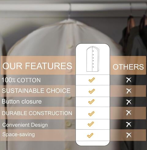 100% Cotton Garment Bag | Long | Breathable Garment Bags for Hanging Clothes | Garment Storage Bag for Long Dresses & Coats Storage | Pack of 1 (42 Inch) in Saudi Arabia