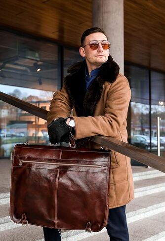 حقيبة الملابس الجلدية البدلة القماش الخشن حقيبة حمل رفيعة حقيبة حماية الفستان بني - مقاومة للوقت (بني) in Kuwait