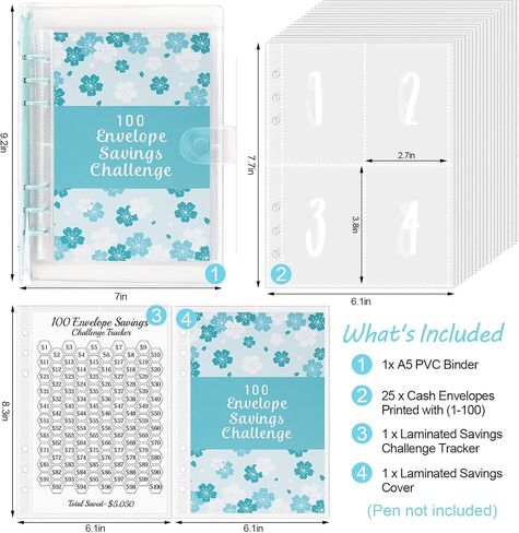 100 Envelopes Money Saving Challenge Binder – Laminated $5050 Tracker, Pre-Numbered Pockets, and Easy Budgeting Tools for Fun and Effective Savings (Blue) in Saudi Arabia