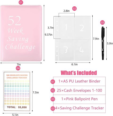 52 Week Money Saving Challenge Binder, A5 Money Saving Binder with 100 Envelopes Money Saving Challenge Binder Budget Book to Easy and Fun Way to Save $1378 or $5,050 in Saudi Arabia