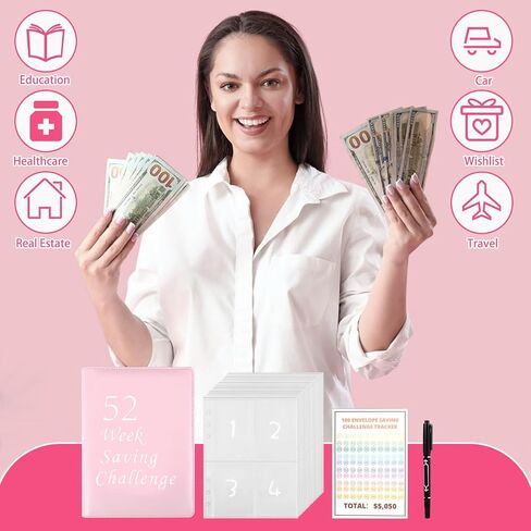 52 Week Money Saving Challenge Binder, A5 Money Saving Binder with 100 Envelopes Money Saving Challenge Binder Budget Book to Easy and Fun Way to Save $1378 or $5,050 in Saudi Arabia