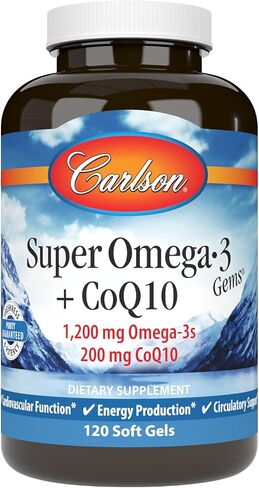 Carlson - Super Omega-3 Gems + CoQ10, 1200 mg Omega-3s 200 mg CoQ10, Circulation Function, Energy Production & Circulatory Support, 120 Softgels in Saudi Arabia