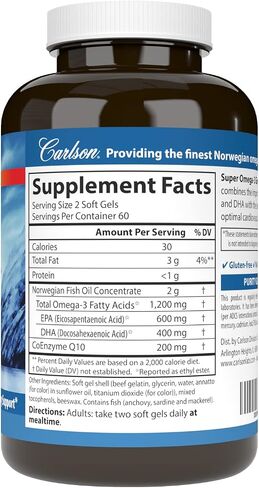 Carlson - Super Omega-3 Gems + CoQ10, 1200 mg Omega-3s 200 mg CoQ10, Circulation Function, Energy Production & Circulatory Support, 120 Softgels in Saudi Arabia