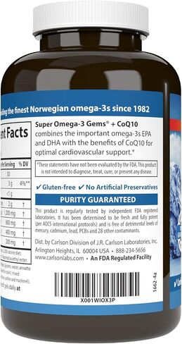 Carlson - Super Omega-3 Gems + CoQ10, 1200 mg Omega-3s 200 mg CoQ10, Circulation Function, Energy Production & Circulatory Support, 120 Softgels in Saudi Arabia