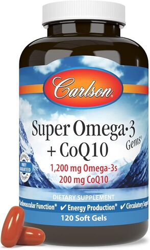 Carlson - Super Omega-3 Gems + CoQ10, 1200 mg Omega-3s 200 mg CoQ10, Circulation Function, Energy Production & Circulatory Support, 120 Softgels in Saudi Arabia