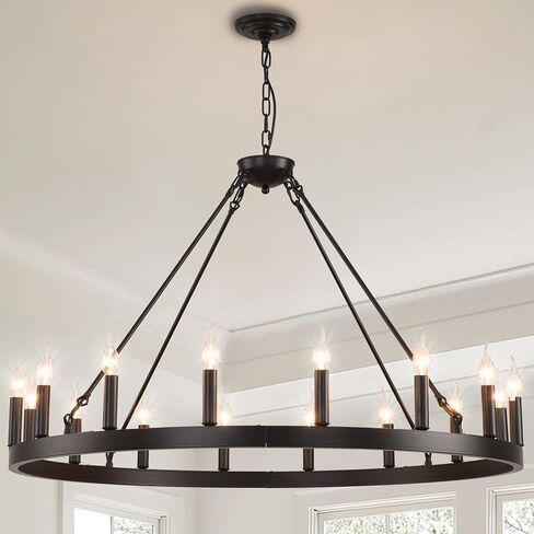 53 Inch Large Farmhouse Wagon Wheel Chandelier,Black 18-Light Rustic Round Hanging Light Fixture,Outdoor Wheel Chandelier for Porch High Ceilings Dining Room, Living Room, Entryway in Saudi Arabia