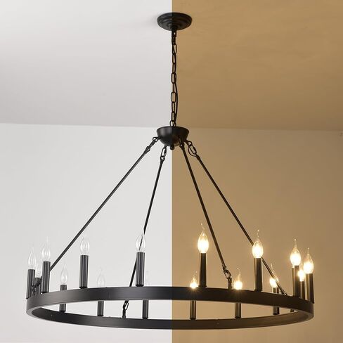 53 Inch Large Farmhouse Wagon Wheel Chandelier,Black 18-Light Rustic Round Hanging Light Fixture,Outdoor Wheel Chandelier for Porch High Ceilings Dining Room, Living Room, Entryway in Saudi Arabia
