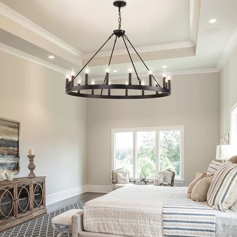 53 Inch Large Farmhouse Wagon Wheel Chandelier,Black 18-Light Rustic Round Hanging Light Fixture,Outdoor Wheel Chandelier for Porch High Ceilings Dining Room, Living Room, Entryway in Saudi Arabia