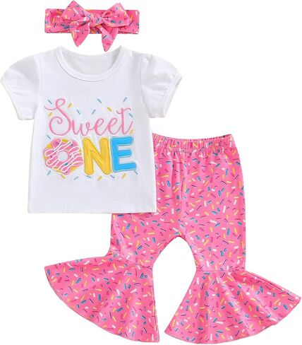 Honganda Baby Girl First Birthday Outfit Sweet One Embroidery T-shirt Top Donut Flared Pants with Headband Summer Clothes Set in Saudi Arabia