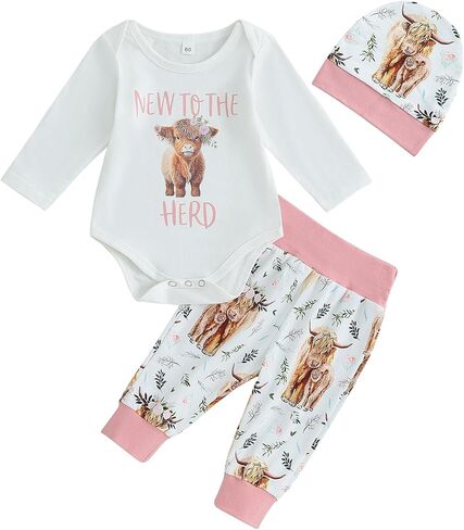 Western Baby Girl 3Pcs Fall Clothes Set Long Sleeve New To The Herd Romper Cow Print Pants Newborn Coming Home Outfits in Kuwait