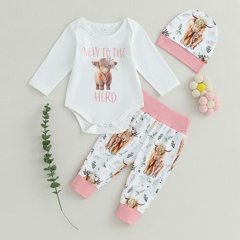 Western Baby Girl 3Pcs Fall Clothes Set Long Sleeve New To The Herd Romper Cow Print Pants Newborn Coming Home Outfits in Kuwait