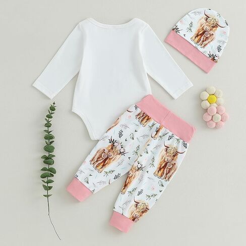 Western Baby Girl 3Pcs Fall Clothes Set Long Sleeve New To The Herd Romper Cow Print Pants Newborn Coming Home Outfits in Kuwait