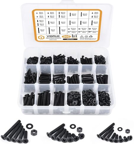 VIGRUE 900PCS M3 M4 M5 شقة رئيس فيليبس آلة مسامير المكسرات غسالات مجموعة متنوعة، سبائك الصلب أكسيد الأسود، موضوع كامل، مسامير غاطسة سوداء متنوعة in Kuwait