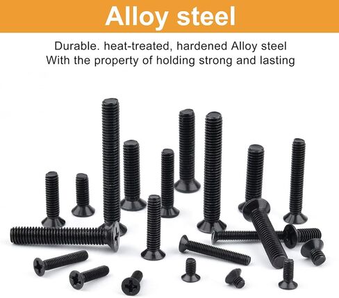 VIGRUE 900PCS M3 M4 M5 شقة رئيس فيليبس آلة مسامير المكسرات غسالات مجموعة متنوعة، سبائك الصلب أكسيد الأسود، موضوع كامل، مسامير غاطسة سوداء متنوعة in Kuwait