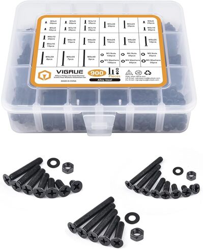 VIGRUE 900PCS M3 M4 M5 شقة رئيس فيليبس آلة مسامير المكسرات غسالات مجموعة متنوعة، سبائك الصلب أكسيد الأسود، موضوع كامل، مسامير غاطسة سوداء متنوعة in Kuwait