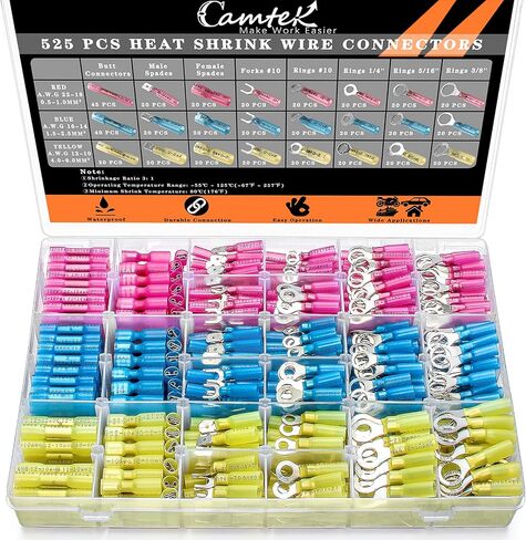 Camtek 525PCS Heat Shrink Wire Connectors, 22-10 AWG Marine Grade Heat Shrink Butt Connectors, Waterproof Electrical Wire Terminals Kit Insulated Ring Fork Spade Butt Splices for Automotive Boat Truck in Saudi Arabia