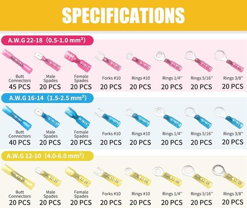 Camtek 525PCS Heat Shrink Wire Connectors, 22-10 AWG Marine Grade Heat Shrink Butt Connectors, Waterproof Electrical Wire Terminals Kit Insulated Ring Fork Spade Butt Splices for Automotive Boat Truck in Saudi Arabia