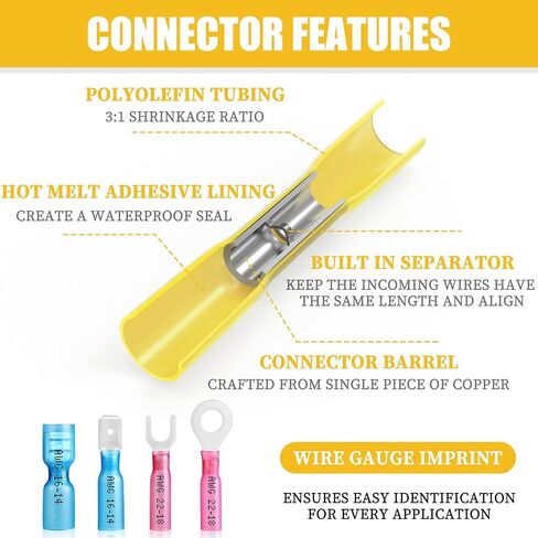 Camtek 525PCS Heat Shrink Wire Connectors, 22-10 AWG Marine Grade Heat Shrink Butt Connectors, Waterproof Electrical Wire Terminals Kit Insulated Ring Fork Spade Butt Splices for Automotive Boat Truck in Saudi Arabia