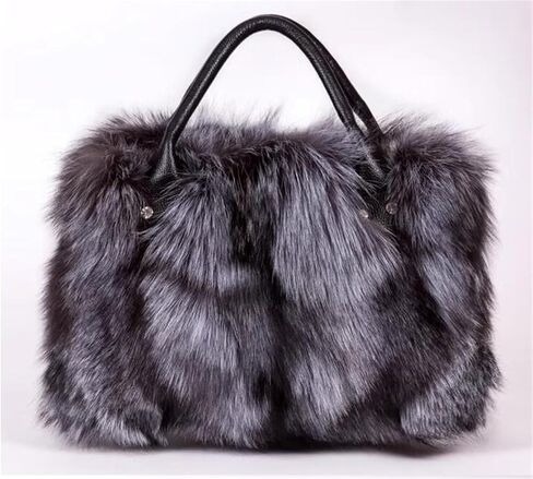 D-01 حقيبة يد فاخرة من فراء الثعلب الحقيقي للنساء والسيدات وحقيبة كتف ومحفظة وحقائب ملونة وفضية ذات سعة كبيرة (مقاس واحد، بني) in Kuwait