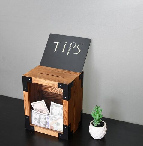 صندوق اقتراحات من الخشب الصلب قابل للقفل على الطراز الريفي من Owlgift، تخزين لهواة جمع التبرعات، حاوية الاقتراع، صندوق طرف مع سبورة قابلة للإزالة وحامل لافتات أكريليك، قفل ومفتاح in Kuwait