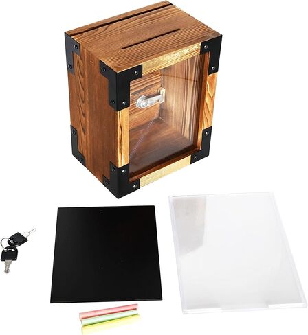 صندوق اقتراحات من الخشب الصلب قابل للقفل على الطراز الريفي من Owlgift، تخزين لهواة جمع التبرعات، حاوية الاقتراع، صندوق طرف مع سبورة قابلة للإزالة وحامل لافتات أكريليك، قفل ومفتاح in Kuwait