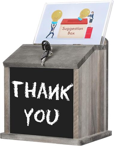MyGift Weathered Gray Solid Wood Lock Suggestion Box, Restaurant Tip, Fundraising Donation Box Collection, Wall Mounted Comment Ballot Box with Lock and Key, Clear Acrylic Sign Holder and Chalkboard in Saudi Arabia