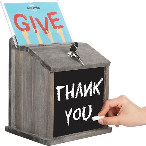 MyGift Weathered Gray Solid Wood Lock Suggestion Box, Restaurant Tip, Fundraising Donation Box Collection, Wall Mounted Comment Ballot Box with Lock and Key, Clear Acrylic Sign Holder and Chalkboard in Saudi Arabia