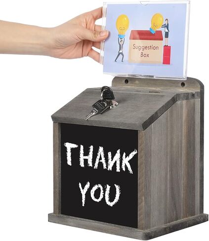 MyGift Weathered Gray Solid Wood Lock Suggestion Box, Restaurant Tip, Fundraising Donation Box Collection, Wall Mounted Comment Ballot Box with Lock and Key, Clear Acrylic Sign Holder and Chalkboard in Saudi Arabia