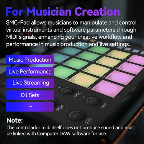 وحدة تحكم HALCONTORNO M-Wave MIDI SMC-Pad Plus - آلة صنع إيقاعات بلوتوث، لوحة مفاتيح طبلة MIDI المحمولة، بطارية 2000 مللي أمبير في الساعة، معدات استوديو لتسجيل الموسيقى في المنزل (مع محول من النوع C) in Kuwait