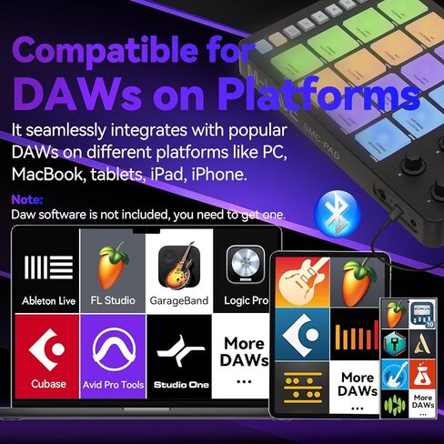 وحدة تحكم HALCONTORNO M-Wave MIDI SMC-Pad Plus - آلة صنع إيقاعات بلوتوث، لوحة مفاتيح طبلة MIDI المحمولة، بطارية 2000 مللي أمبير في الساعة، معدات استوديو لتسجيل الموسيقى في المنزل (مع محول من النوع C) in Kuwait