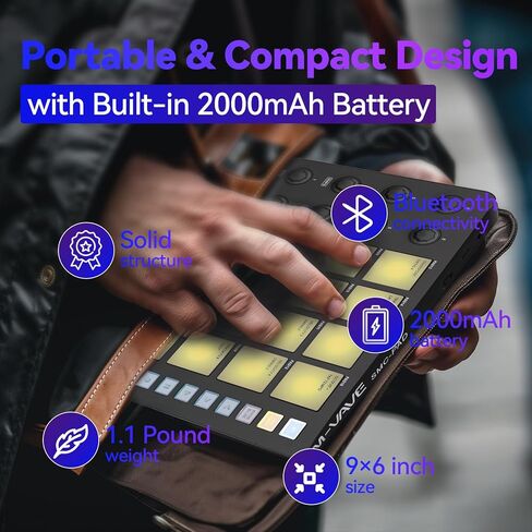 وحدة تحكم HALCONTORNO M-Wave MIDI SMC-Pad Plus - آلة صنع إيقاعات بلوتوث، لوحة مفاتيح طبلة MIDI المحمولة، بطارية 2000 مللي أمبير في الساعة، معدات استوديو لتسجيل الموسيقى في المنزل (مع محول من النوع C) in Kuwait