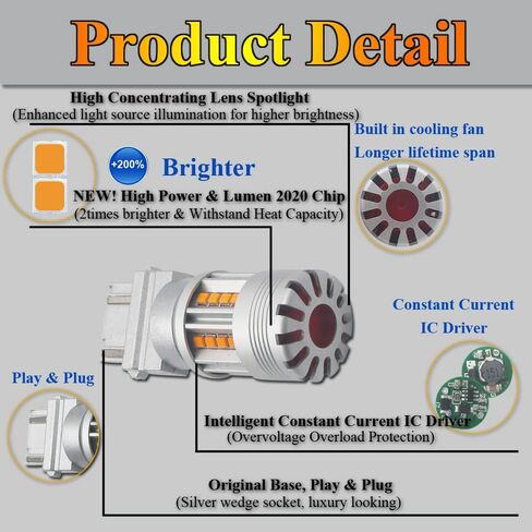 Eluseastar 1156 LED Bulbs Amber S25 BA15S P21W Bulbs for Turn Signal Lights Canbus No Hyper Flashing with Cooling Fan Extremely Bright Blinker, 2 Pack in Saudi Arabia