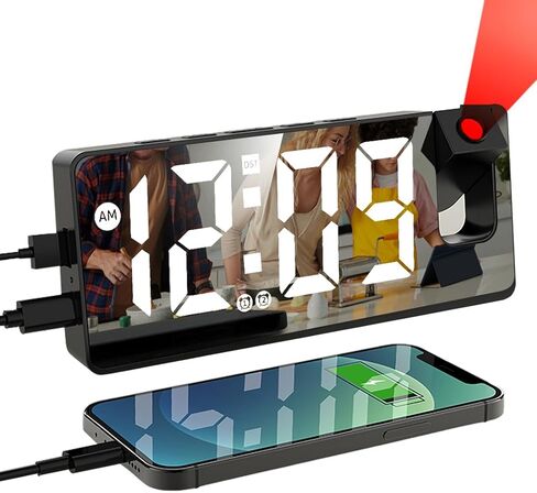 321Wasay ساعة منبه إسقاط، ساعة جهاز عرض لسقف غرفة النوم، ساعات منبه رقمية لغرف النوم مع منافذ USB، ساعة رقمية صغيرة LED لغرف النوم والمكتب بجانب السرير (أسود مع كابل USB) in Kuwait