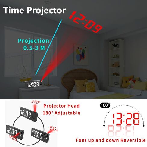 321Wasay ساعة منبه إسقاط، ساعة جهاز عرض لسقف غرفة النوم، ساعات منبه رقمية لغرف النوم مع منافذ USB، ساعة رقمية صغيرة LED لغرف النوم والمكتب بجانب السرير (أسود مع كابل USB) in Kuwait