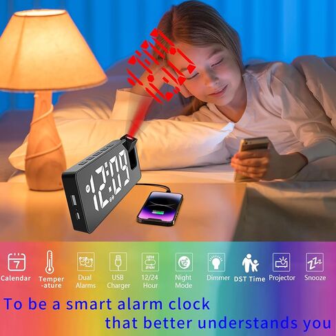 321Wasay ساعة منبه إسقاط، ساعة جهاز عرض لسقف غرفة النوم، ساعات منبه رقمية لغرف النوم مع منافذ USB، ساعة رقمية صغيرة LED لغرف النوم والمكتب بجانب السرير (أسود مع كابل USB) in Kuwait