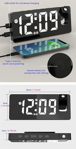 321Wasay ساعة منبه إسقاط، ساعة جهاز عرض لسقف غرفة النوم، ساعات منبه رقمية لغرف النوم مع منافذ USB، ساعة رقمية صغيرة LED لغرف النوم والمكتب بجانب السرير (أسود مع كابل USB) in Kuwait