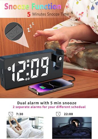 321Wasay ساعة منبه إسقاط، ساعة جهاز عرض لسقف غرفة النوم، ساعات منبه رقمية لغرف النوم مع منافذ USB، ساعة رقمية صغيرة LED لغرف النوم والمكتب بجانب السرير (أسود مع كابل USB) in Kuwait