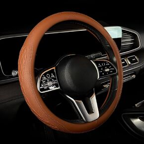 غطاء عجلة القيادة الفاخر من Lord AutoFashion - جلد صناعي، جزء داخلي مطاطي غير قابل للانزلاق، راحة طوال المواسم - تغليف صندوق هدايا ممتاز - مقاس M (14.5-15 بوصة) - أسمر 9366 in Kuwait