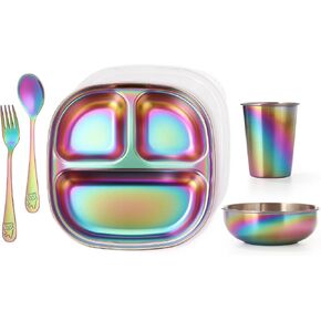 AIEVE Stainless Steel Kids Plates, 4 Pack Round Divided Toddler Plates, Portion Control Plate 8 Inch in Kuwait