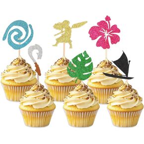 24pcs Tropical Cupcake Toppers, Glitter Palm Leaf Flower Decor for Hawaiian Moana Party, Baby Shower Wedding Supplies - No Assembly & Food Safe Bamboo Sticks (24) in Saudi Arabia