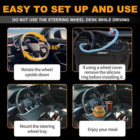 2 in 1 Car Steering Wheel Desk - Tray for Laptop Car Mount with Pen Holder, Car Food Tray with Anti-Slip Silicone Ring for Eating & Work - Portable Bag Included in Saudi Arabia