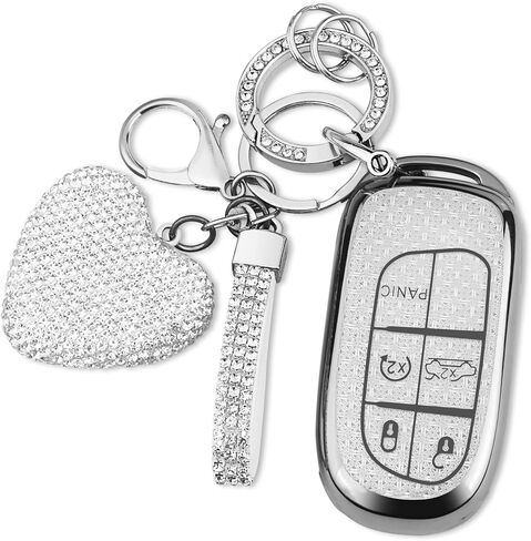 غطاء FOB لمفتاح FT FUNTOR لسيارة جيب، 5 أزرار TPU لغطاء دودج مفتاح فوب مع حافة فضية، متوافق مع جيب جراند شيروكي كومباس رينيجيد دودج تشارجر دارت دورانجو جورني رام كرايسلر (B-أبيض) in Saudi Arabia