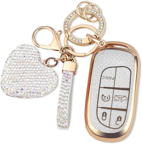 غطاء FOB لمفتاح FT FUNTOR لسيارة جيب، 5 أزرار TPU لغطاء دودج مفتاح فوب مع حافة فضية، متوافق مع جيب جراند شيروكي كومباس رينيجيد دودج تشارجر دارت دورانجو جورني رام كرايسلر (B-أبيض) in Saudi Arabia