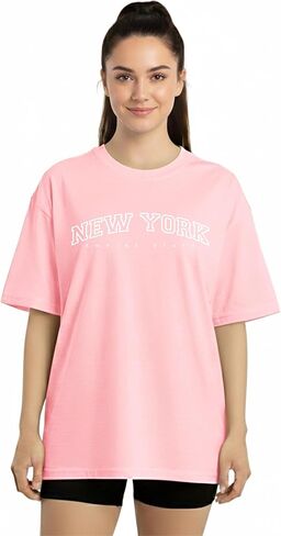 تي شيرت نسائي كبير الحجم من Treswear - تي شيرت فضفاض برقبة دائرية وأكمام قصيرة، بلوزة صيفية كاجوال، تي شيرت أساسي مريح in Kuwait