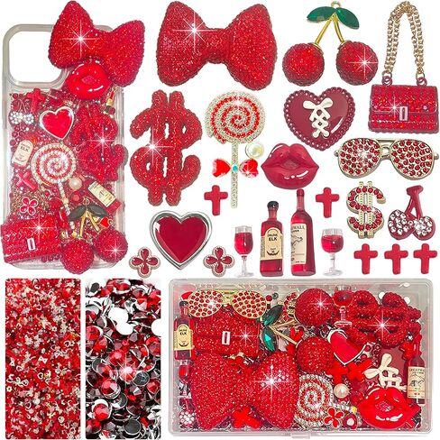 Red Junk Case Charms Kit, Junks Phone Cases With Rhinestone Accessories And Full Diamond Bow Bag Lollipop Cherry Dollar Sign Resin Kits With DIY Phones Decorations in Saudi Arabia