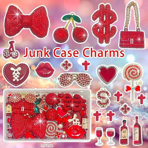 Red Junk Case Charms Kit, Junks Phone Cases With Rhinestone Accessories And Full Diamond Bow Bag Lollipop Cherry Dollar Sign Resin Kits With DIY Phones Decorations in Saudi Arabia