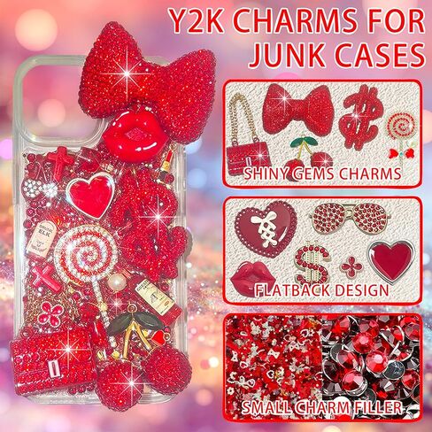Red Junk Case Charms Kit, Junks Phone Cases With Rhinestone Accessories And Full Diamond Bow Bag Lollipop Cherry Dollar Sign Resin Kits With DIY Phones Decorations in Saudi Arabia