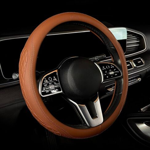 غطاء عجلة القيادة الفاخر من Lord AutoFashion - جلد صناعي، جزء داخلي مطاطي غير قابل للانزلاق، راحة طوال المواسم - تغليف صندوق هدايا ممتاز - مقاس M (14.5-15 بوصة) - أسمر 9366 in Kuwait